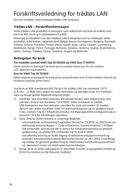 Sony SVE1512M6E - SVE1512M6E Documenti garanzia Svedese