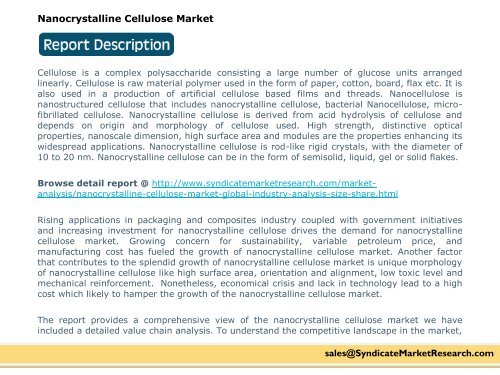 Global Nanocrystalline Cellulose Market: Size by, 2015-2020