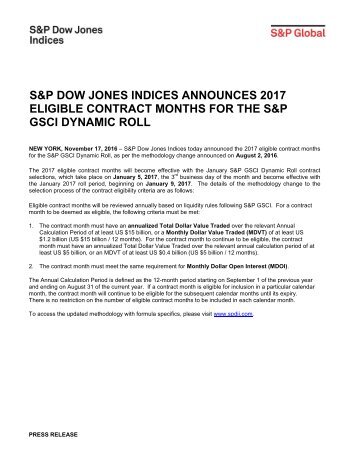 ELIGIBLE CONTRACT MONTHS FOR THE S&P GSCI DYNAMIC ROLL