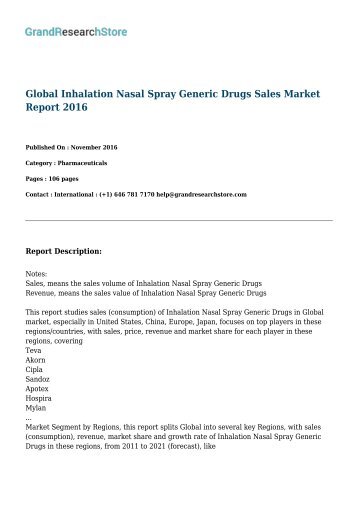 Global Inhalation Nasal Spray Generic Drugs Sales Market Report 2016