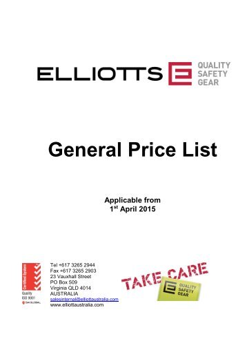 Elliotts Price List Agaa150401 - April 2015