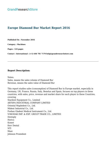 Europe Diamond Bur Market Report 2016