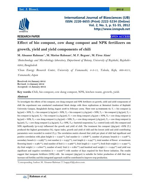 Effect of bio compost, cow dung compost and NPK fertilizers on growth, yield and yield components of chili