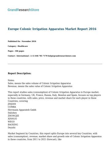 Europe Colonic Irrigation Apparatus Market Report 2016