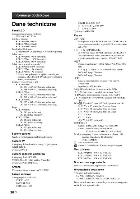 Sony KDL-32P2520 - KDL-32P2520 Istruzioni per l'uso Polacco