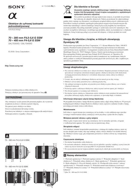 Sony SAL70400G - SAL70400G Istruzioni per l'uso Polacco