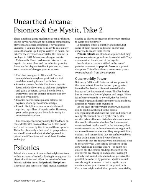 Unearthed Arcana Psionics The Mystic Take 2 Psionics