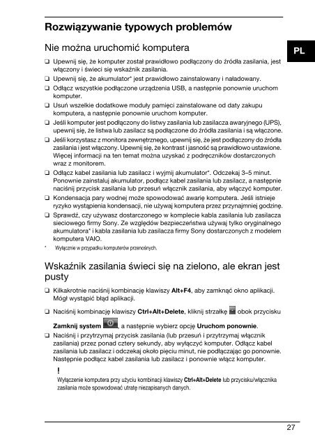 Sony VGN-FW54MR - VGN-FW54MR Guida alla risoluzione dei problemi Polacco