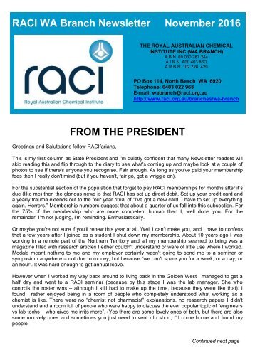 RACI WA Branch Newsletter November 2016 FROM THE PRESIDENT