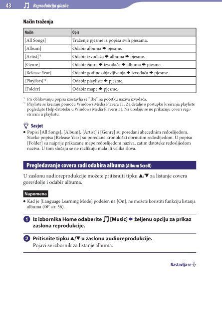 Sony NWZ-A846 - NWZ-A846 Istruzioni per l'uso Croato