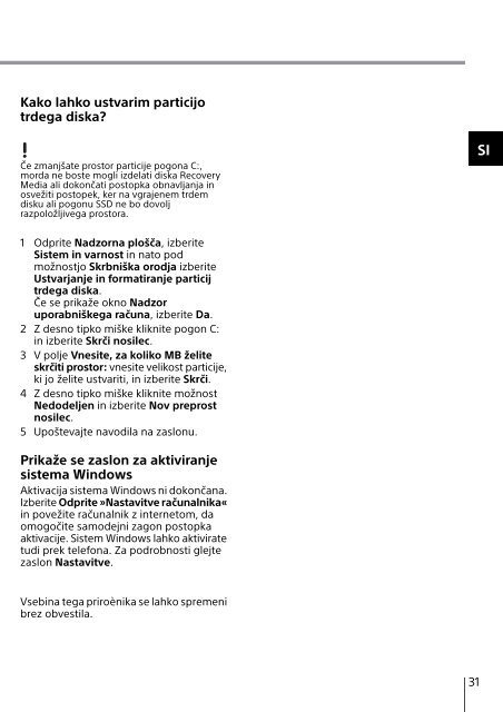 Sony SVE1713X1E - SVE1713X1E Guida alla risoluzione dei problemi Sloveno