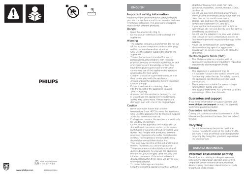 Philips SatinShave Advanced Rasoir &eacute;lectrique 100 % &eacute;tanche - Instructions avant utilisation - MSA