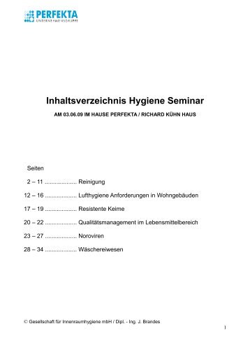 Inhaltsverzeichnis Hygiene Seminar