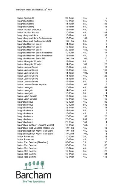 Barcham Trees availability 21 Nov