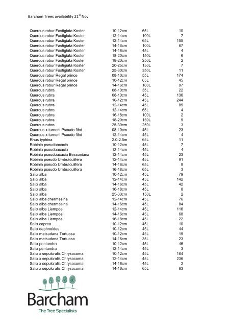 Barcham Trees availability 21 Nov