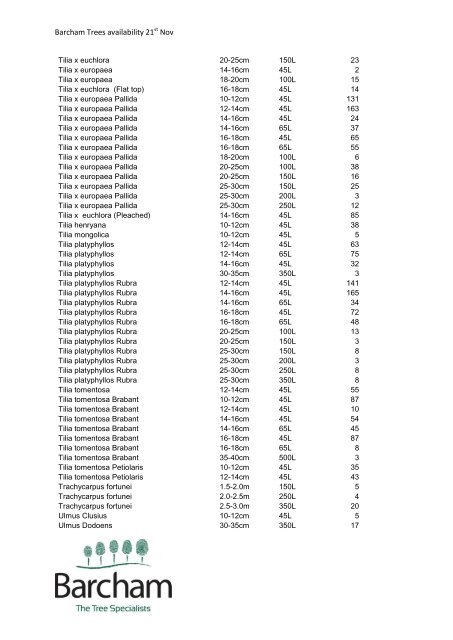 Barcham Trees availability 21 Nov