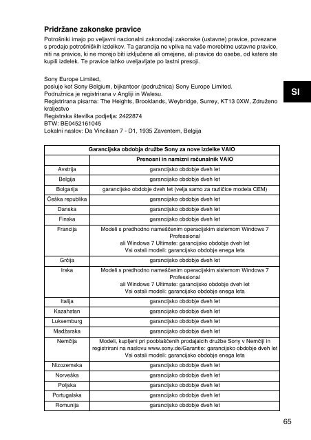 Sony SVS1311R9E - SVS1311R9E Documenti garanzia Sloveno