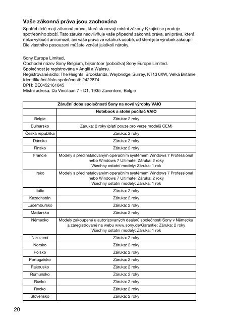 Sony SVS1311R9E - SVS1311R9E Documenti garanzia Slovacco