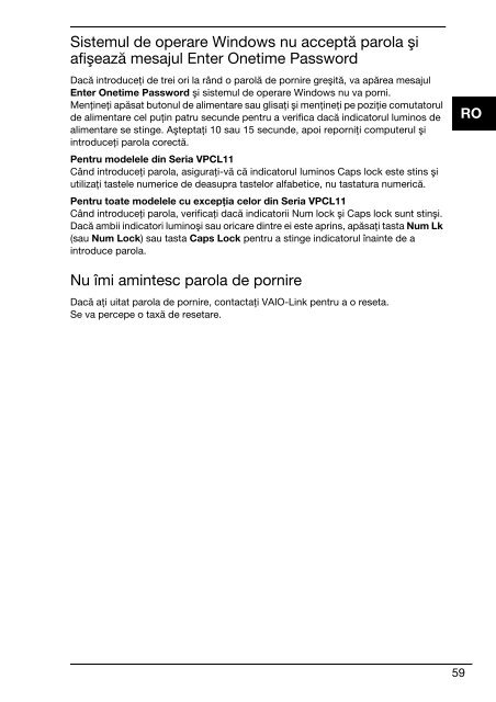 Sony VPCCW1S1E - VPCCW1S1E Guida alla risoluzione dei problemi Rumeno