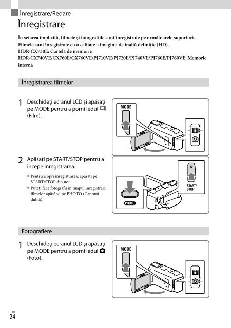 Sony HDR-CX740VE - HDR-CX740VE Istruzioni per l'uso Rumeno
