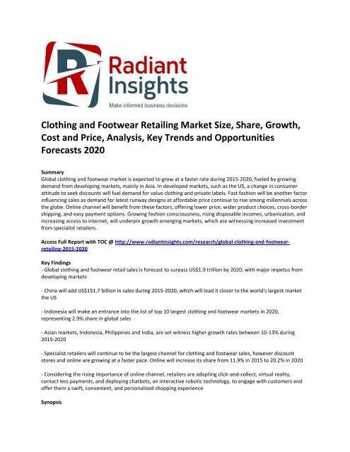 Clothing and Footwear Retailing Market Size, Share, Cost and Price, Analysis, Key Trends and Opportunities Forecasts 2020