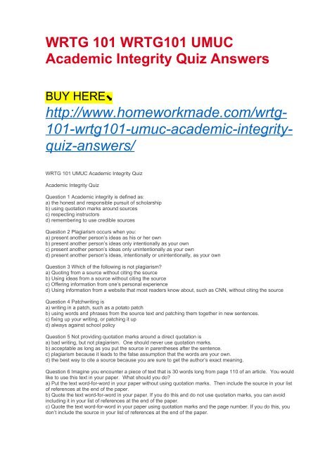 WRTG 101 WRTG101 UMUC Academic Integrity Quiz Answers