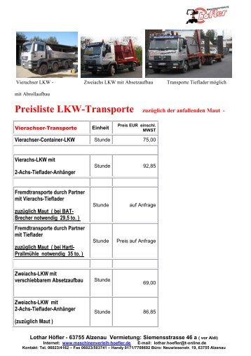 Preisliste LKW-Transporte zuzüglich der anfallenden Maut ...