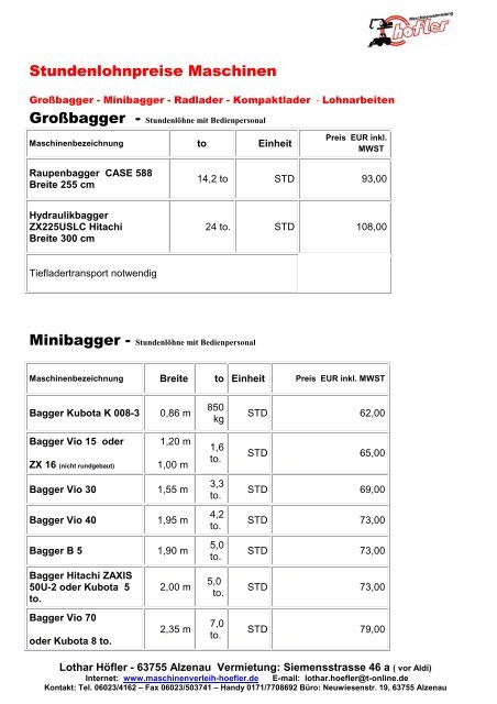 Stundenlöhne mit Bedienpersonal - Maschinenverleih Höfler