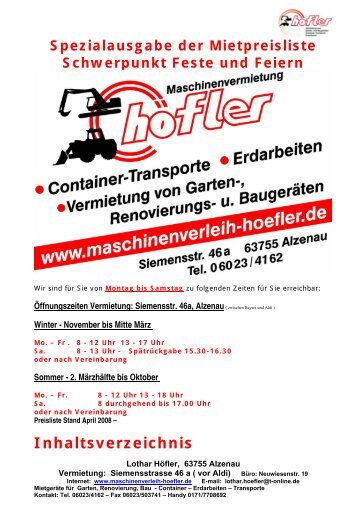 Mietpreise - Maschinenverleih Höfler