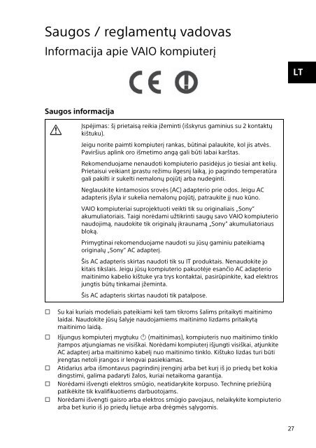 Sony SVS13A2C5E - SVS13A2C5E Documenti garanzia Lituano