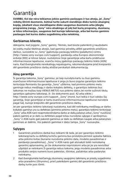 Sony SVS13A2C5E - SVS13A2C5E Documenti garanzia Lituano