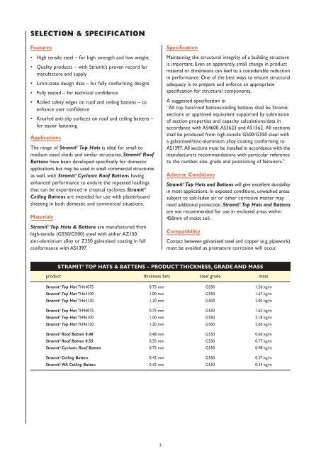 Top Hats Battens Capacitytables Product Technical Manual