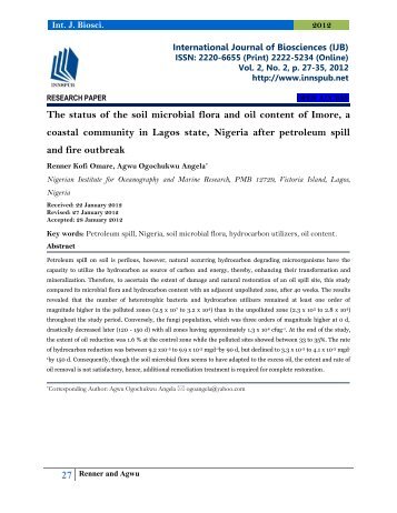 The status of the soil microbial flora and oil content of Imore, a coastal community in Lagos state, Nigeria after petroleum spill and fire outbreak