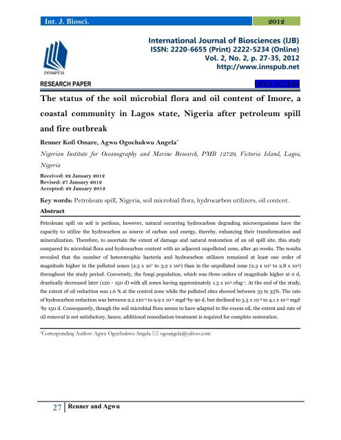 The status of the soil microbial flora and oil content of Imore, a coastal community in Lagos state, Nigeria after petroleum spill and fire outbreak