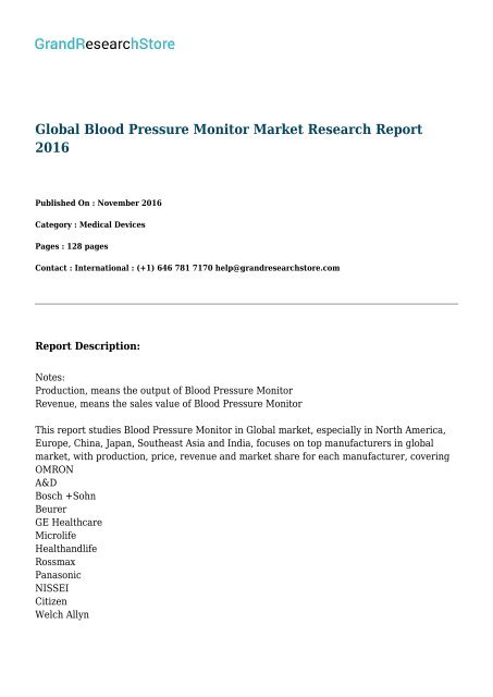 Global Blood Pressure Monitor Market Research Report 2016