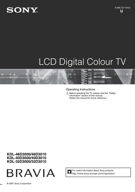 Sony KDL-46D3000 - KDL-46D3000 Istruzioni per l'uso Inglese