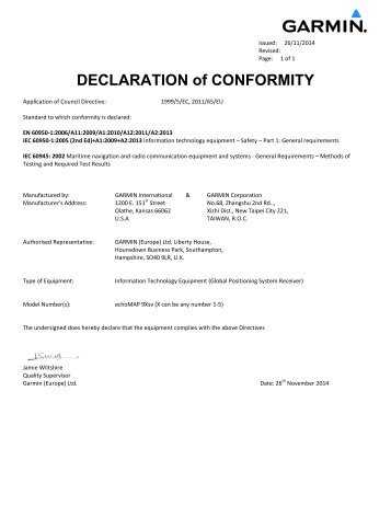 Garmin Declarations of Conformity - echoMAP 90
