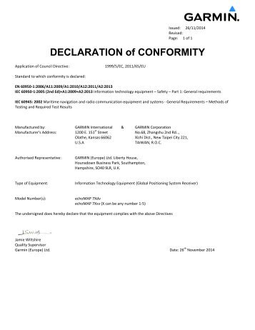 Garmin Declarations of Conformity - echoMAP 70