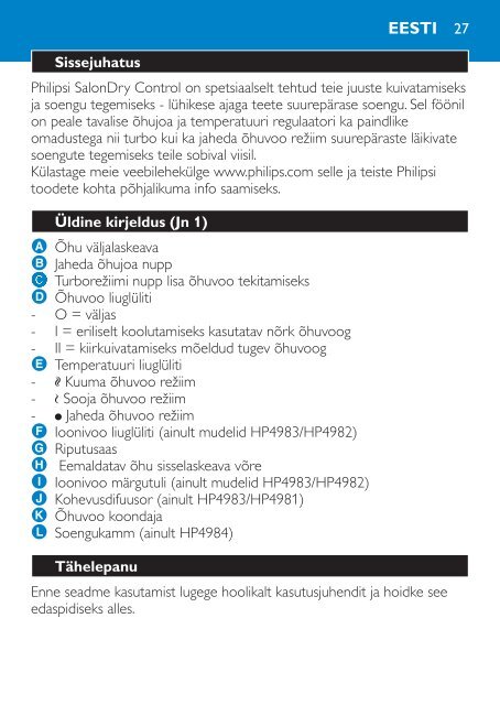 Philips SalonDry Control S&egrave;che-cheveux - Mode d&rsquo;emploi - HUN