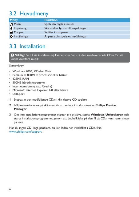 Philips GoGEAR Baladeur MP3 - Mode d&rsquo;emploi - SWE