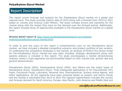Global Polyalkylene Glycol Market  Dynamics by, 2015-2021