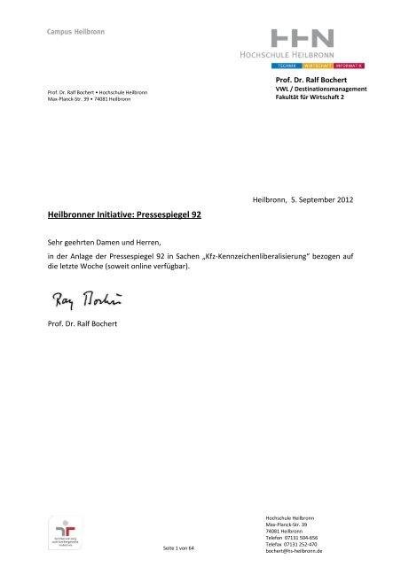 Heilbronner Initiative: Pressespiegel 92 - Initiative pro GD