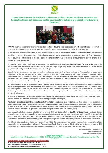Fête des enfants intolérants au gluten le 26 novembre 2016  à Casablanca (communiqué en arabe et en français)
