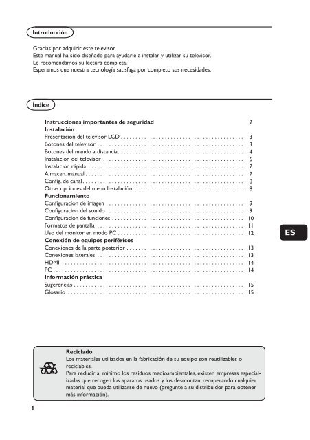 Philips T&eacute;l&eacute;viseur - Mode d&rsquo;emploi - ESP