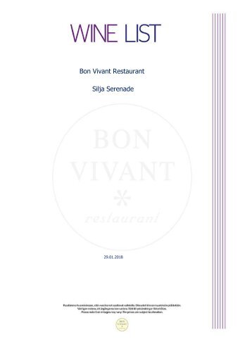 Bon Vivant Serenade Wine List 01/2018