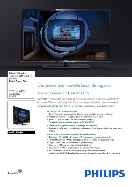 Philips 3200 series T&eacute;l&eacute;viseur LED Smart TV plat - Fiche Produit - FRA