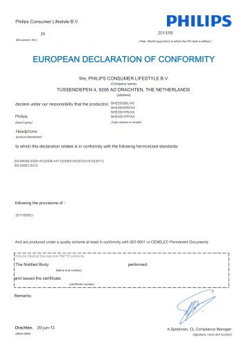 Philips Ãcouteurs intra-auriculaires - DÃ©claration de conformitÃ© - AEN