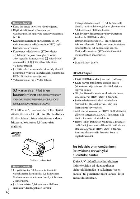 Sony HDR-PJ580E - HDR-PJ580E Istruzioni per l'uso Finlandese