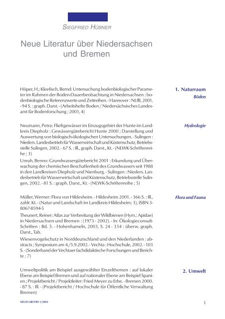 Neue Literatur über Niedersachsen und Bremen - Wissenschaftliche ...