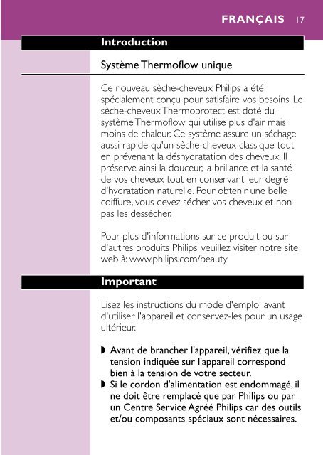 Philips S&egrave;che-cheveux - Mode d&rsquo;emploi - NLD